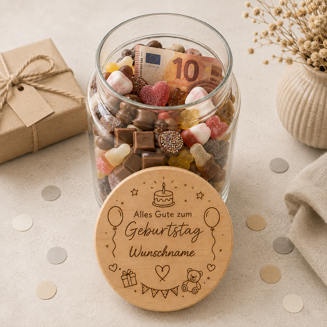 Alles Gute zum Geburtstag | Ballons | Lieblings-Vorratsglas mit Holzdeckel und deiner Wunschgravur
