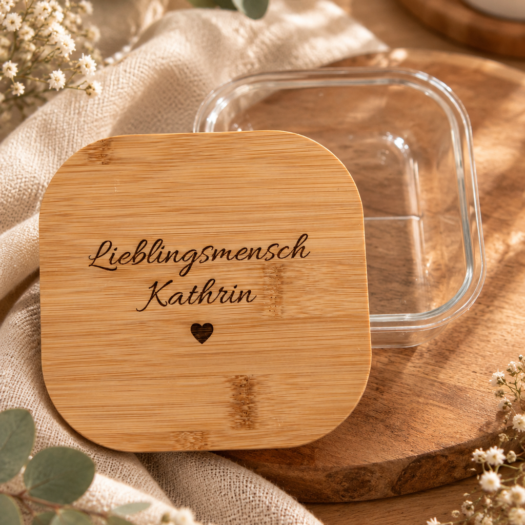 Personalisierte Vorrats- & Meal-Prep-Box aus Glas mit Bambusdeckel | Auslaufsicher
