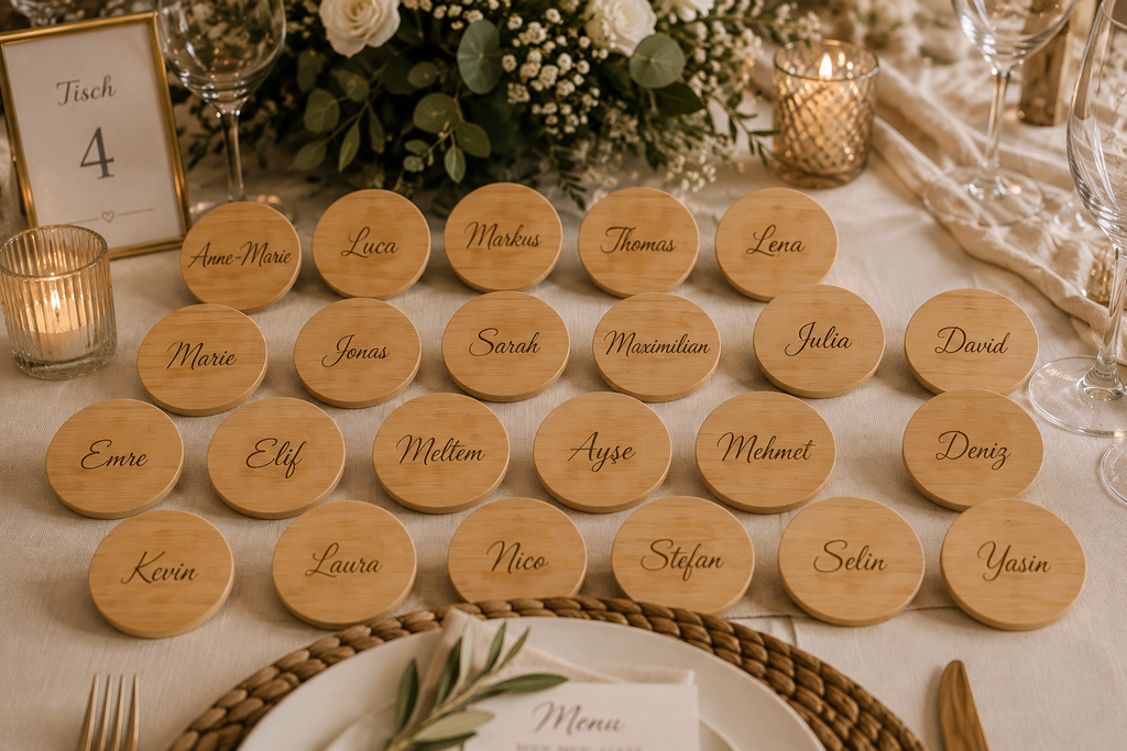 Personalisierter Flaschenöffner aus Bambus mit Magnet – Gastgeschenk & Platzkarte zur Hochzeit