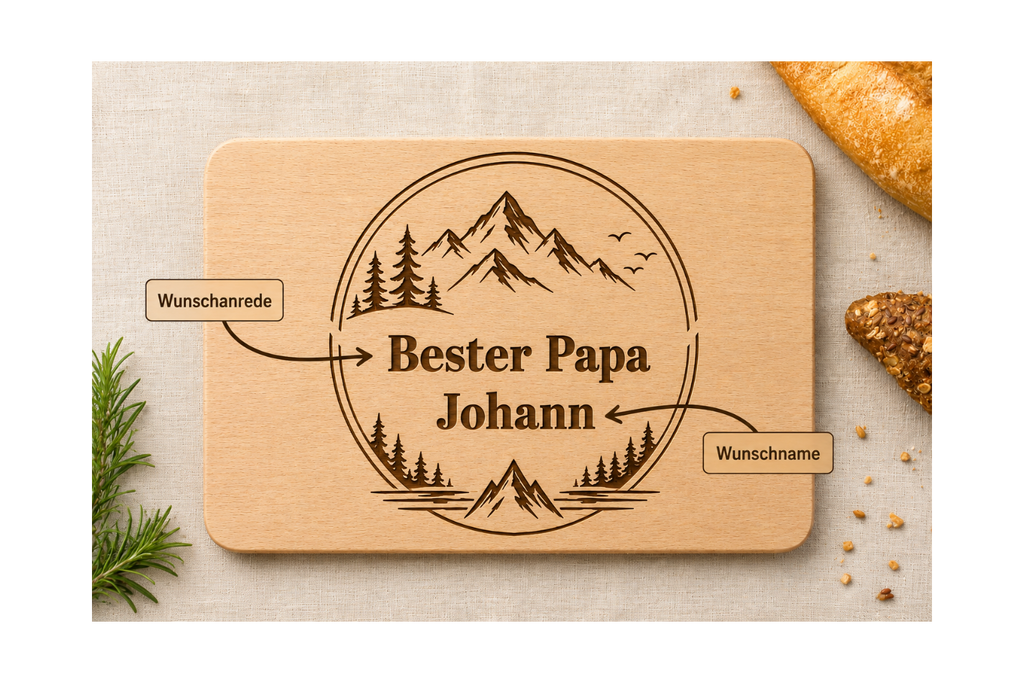 Berge mit Wunschanrede und Wunschname | Lieblings-Frühstücksbrettchen aus Buche mit deiner Wunschgravur