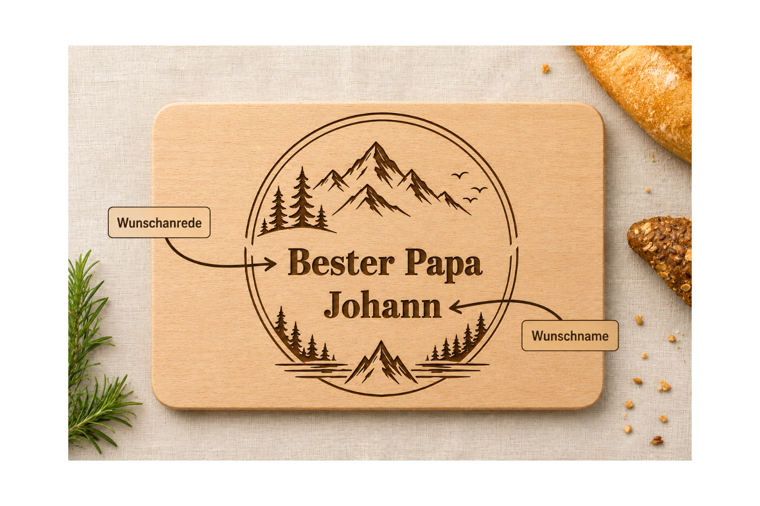 Berge mit Wunschanrede und Wunschname | Lieblings-Frühstücksbrettchen aus Buche mit deiner Wunschgravur