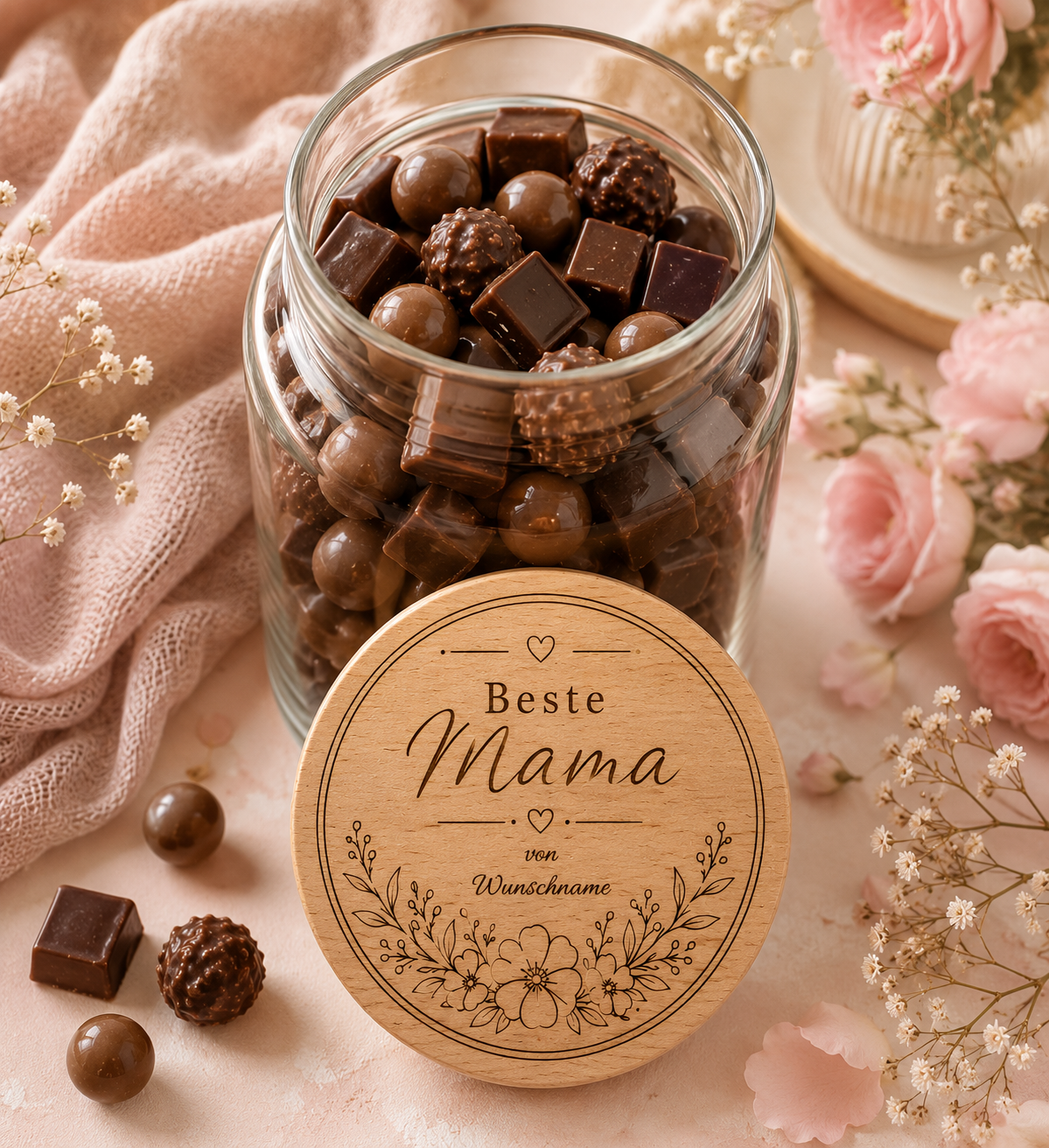 Beste Mama | Blumenwiese| Lieblings-Vorratsglas mit Holzdeckel und deiner Wunschgravur