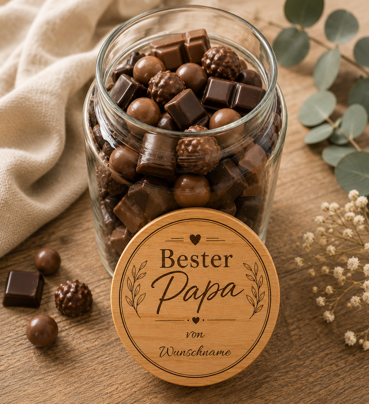 Bester Papa | Herzblatt | Lieblings-Vorratsglas mit Holzdeckel und deiner Wunschgravur