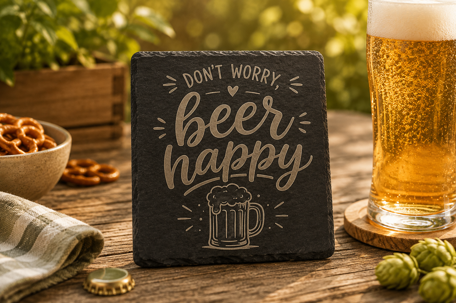 Don't worry beer happy| Bierliebe| Lieblings-Untersetzer aus Schiefer