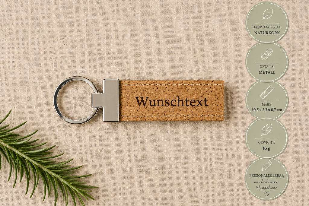 Schlüsselanhänger mit Wunschgravur aus Kork und Edelstahl
