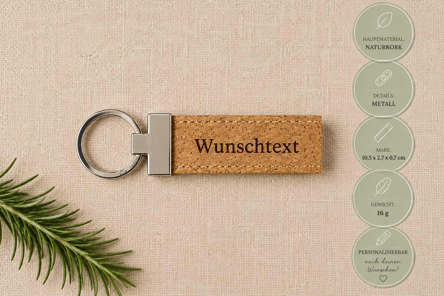 Schlüsselanhänger mit Wunschgravur aus Kork und Edelstahl