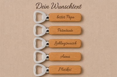 Flaschenöffner aus Buchenholz und Edelstahl mit Wunschgravur