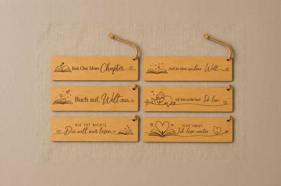 Graviertes Bambus-Lesezeichen für Bookies | 6 Designs für Buchliebhaber & Leseratten