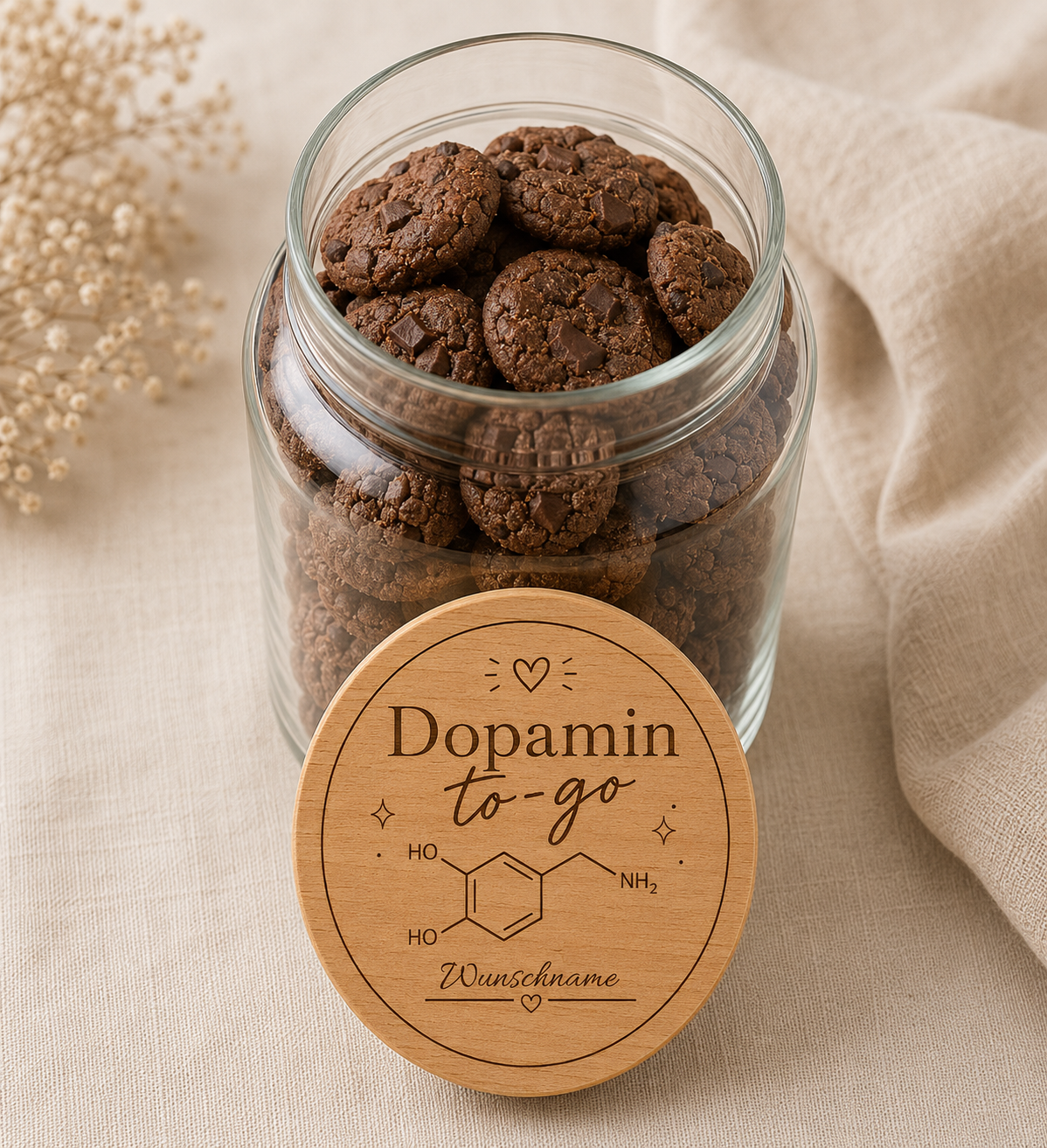 Dopamin to-go | Lieblings-Vorratsglas mit Holzdeckel und deiner Wunschgravur