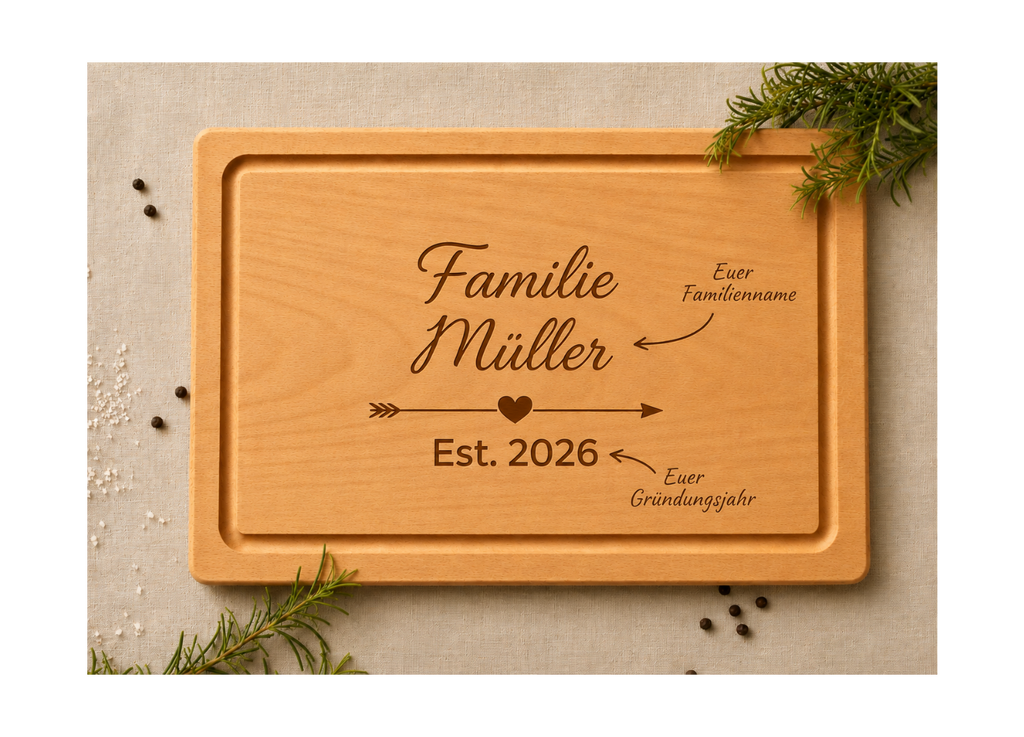 Familienbrett mit Gründungsjahr | Lieblings-Schneidebrett aus Buche mit deiner Wunschgravur