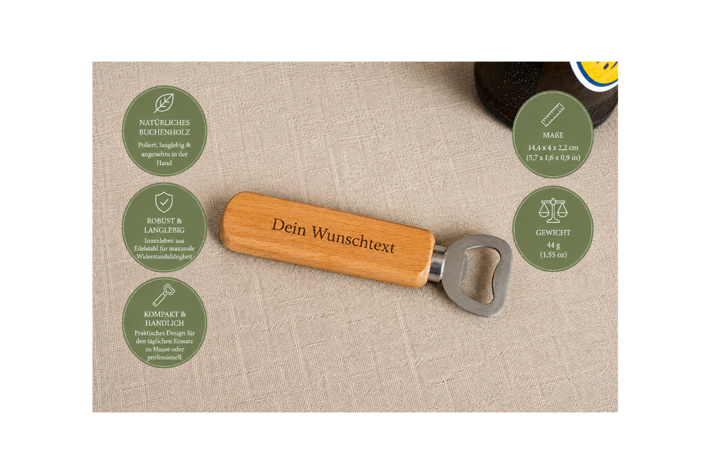Flaschenöffner aus Buchenholz und Edelstahl mit Wunschgravur