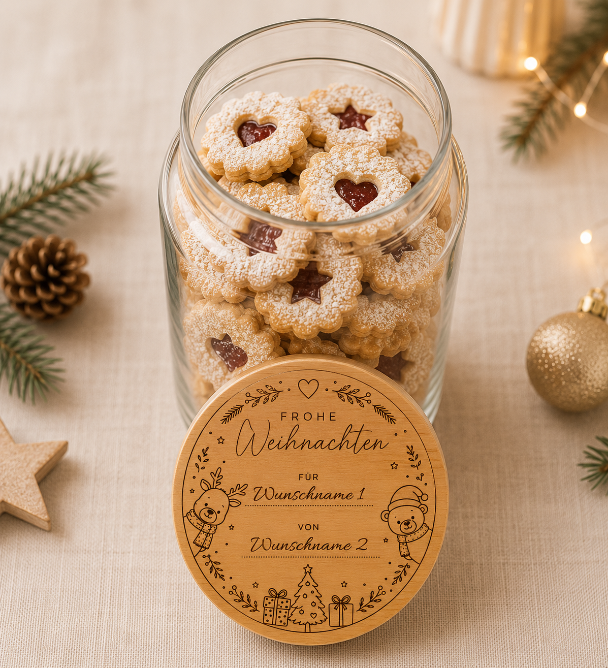 Frohe Weihnachten für..von.. | Rentier | Lieblings-Vorratsglas mit Holzdeckel und deiner Wunschgravur