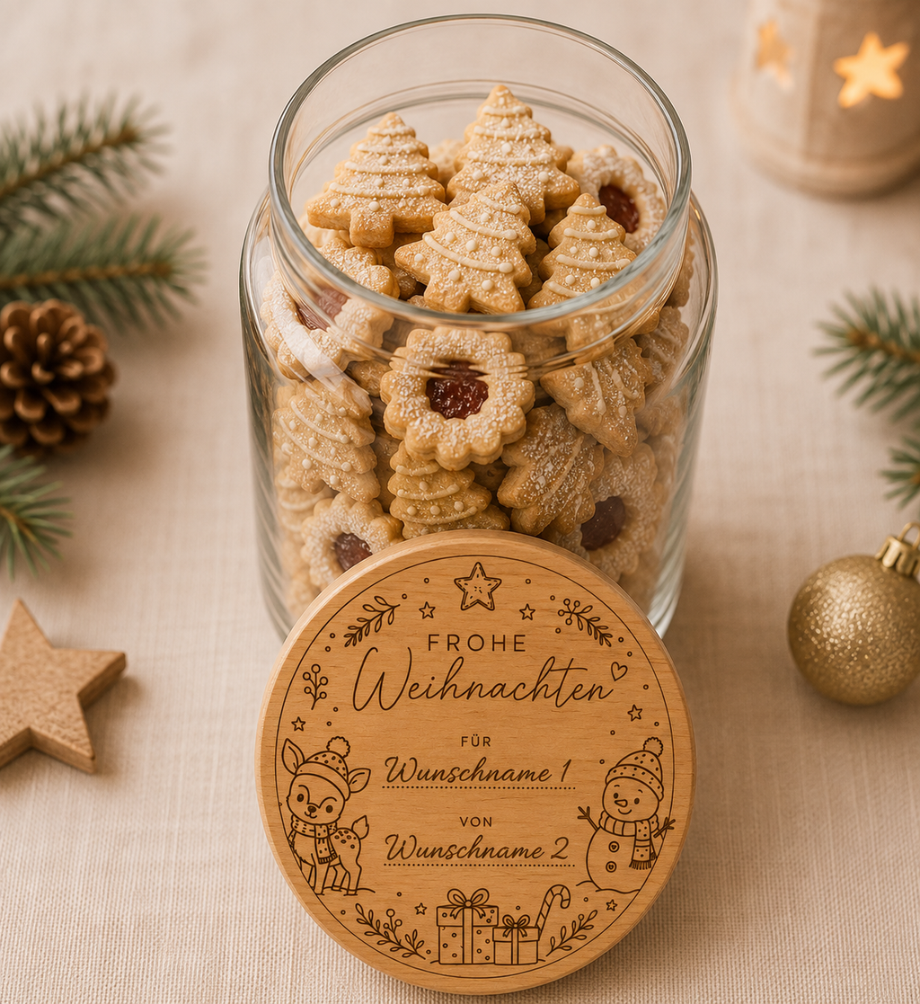 Frohe Weihnachten für..von.. | Schneemann | Lieblings-Vorratsglas mit Holzdeckel und deiner Wunschgravur