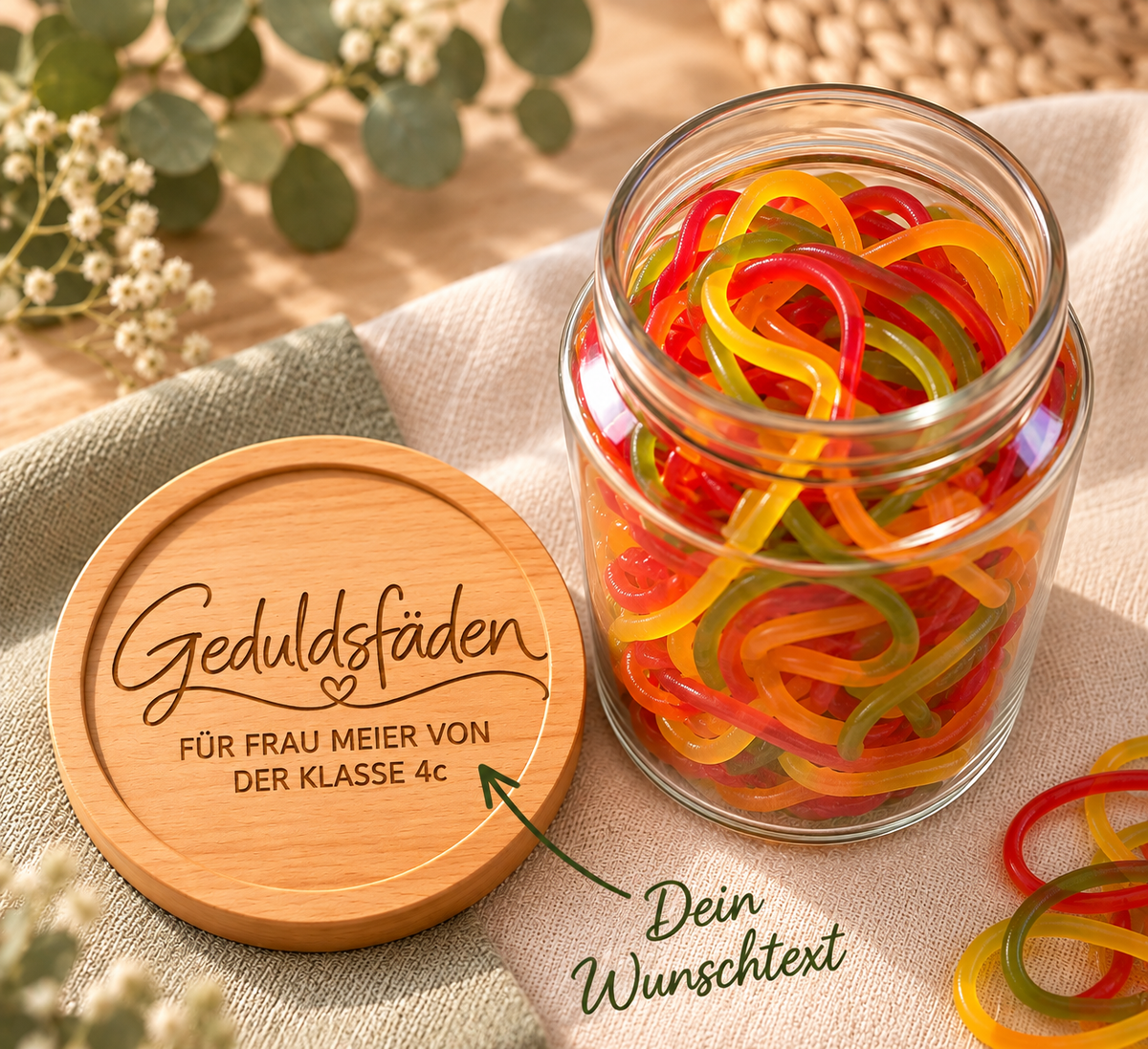 Geschenkglas 'Geduldsfäden' mit Wunschtext | Lieblings-Vorratsglas mit Holzdeckel