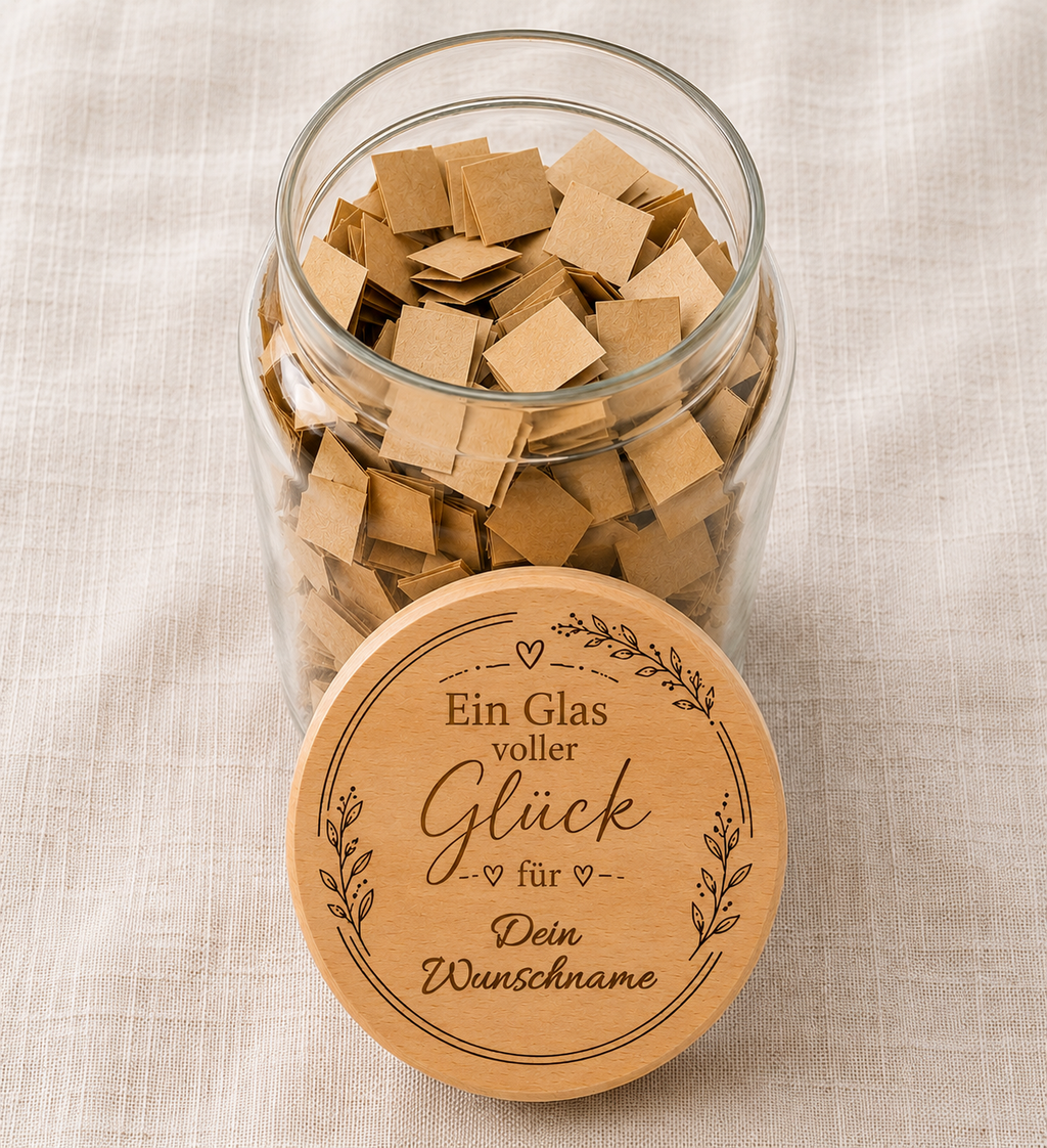 Ein Glas voller Glück | Lieblings-Vorratsglas mit Holzdeckel und deiner Wunschgravur