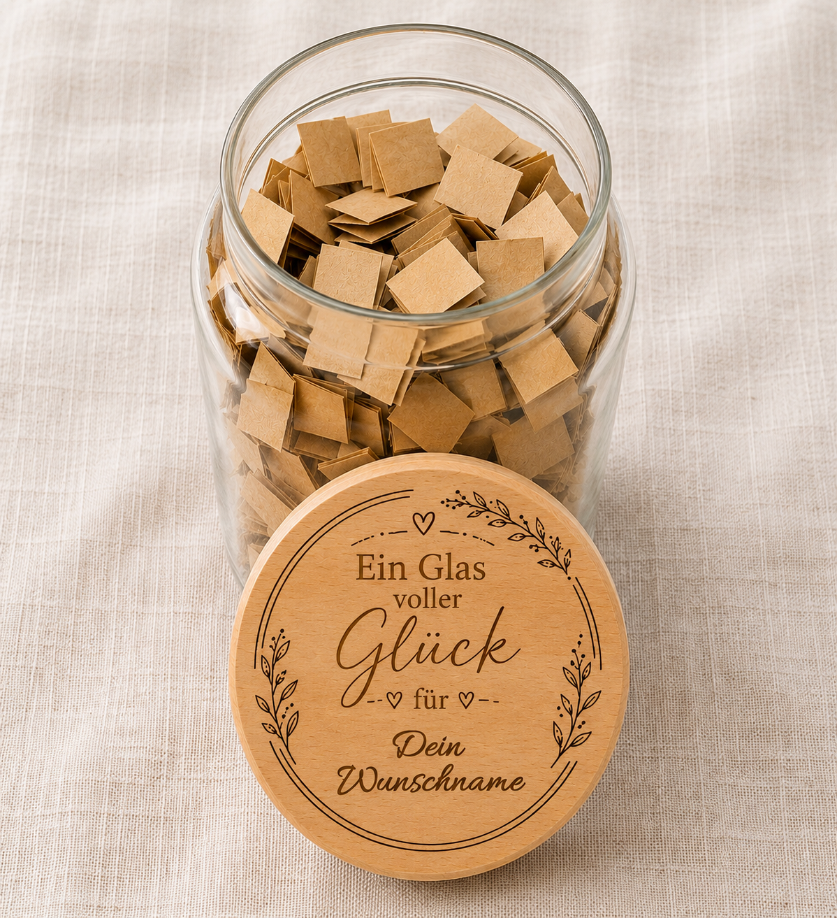 Ein Glas voller Glück | Lieblings-Vorratsglas mit Holzdeckel und deiner Wunschgravur