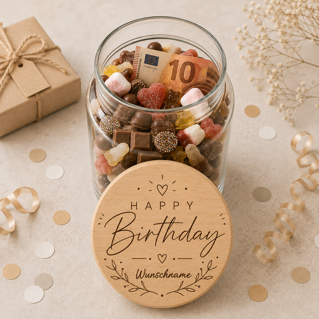 Happy Birthday | Lieblings-Vorratsglas mit Holzdeckel und deiner Wunschgravur