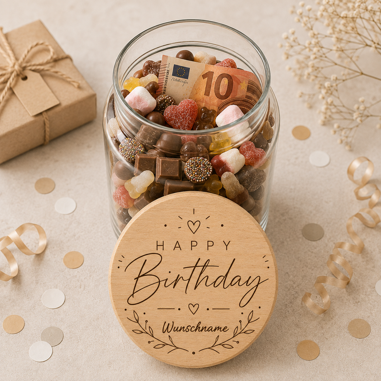 Happy Birthday | Lieblings-Vorratsglas mit Holzdeckel und deiner Wunschgravur