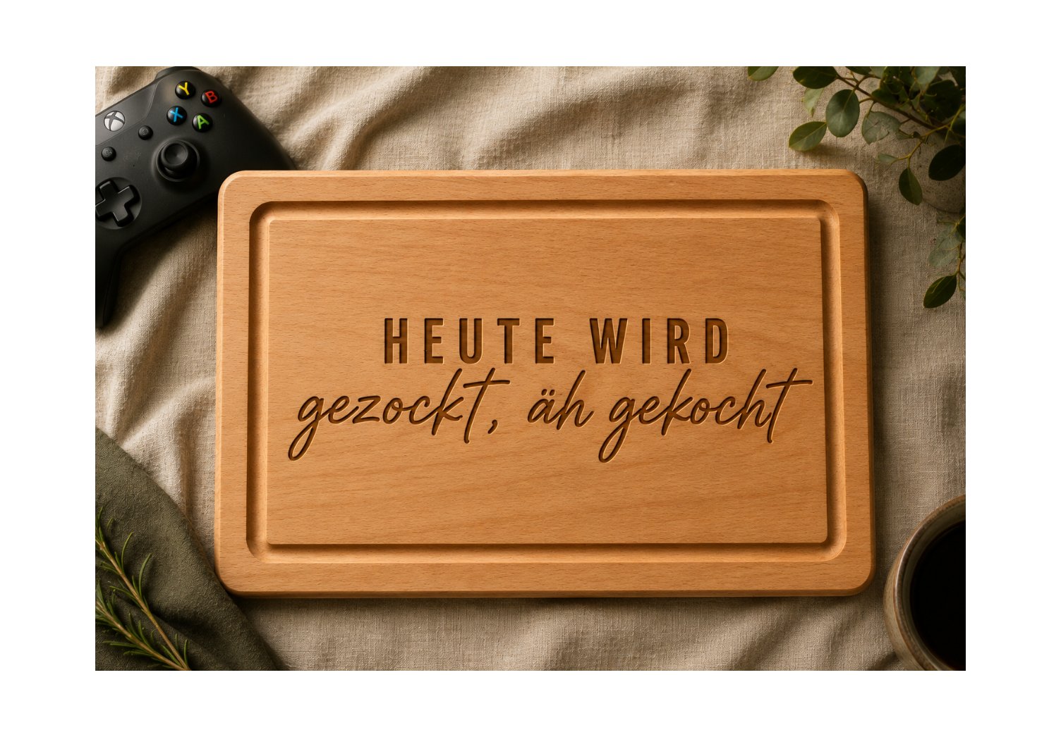 Heute wird gezockt, äh gekocht | Gaming | Lieblings-Schneidebrett aus Buche mit deiner Wunschgravur
