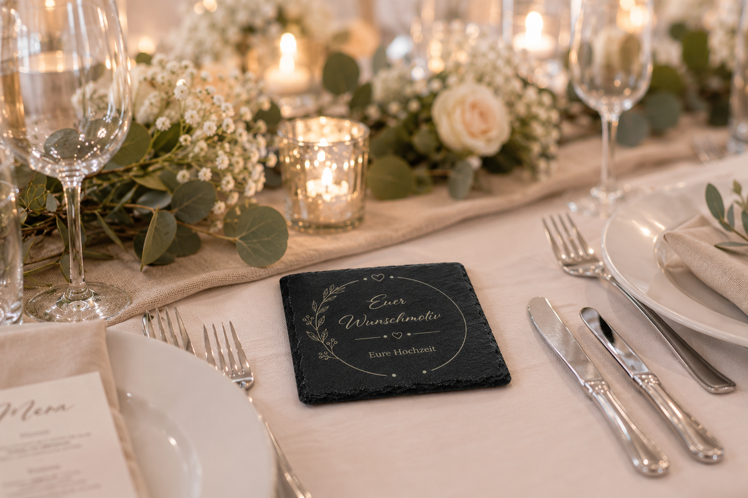 Platzkarte Herz | Hochzeit | Personalisierter Schiefer-Untersetzer mit Namen & Datum  | Gastgeschenk & Platzkarte in einem