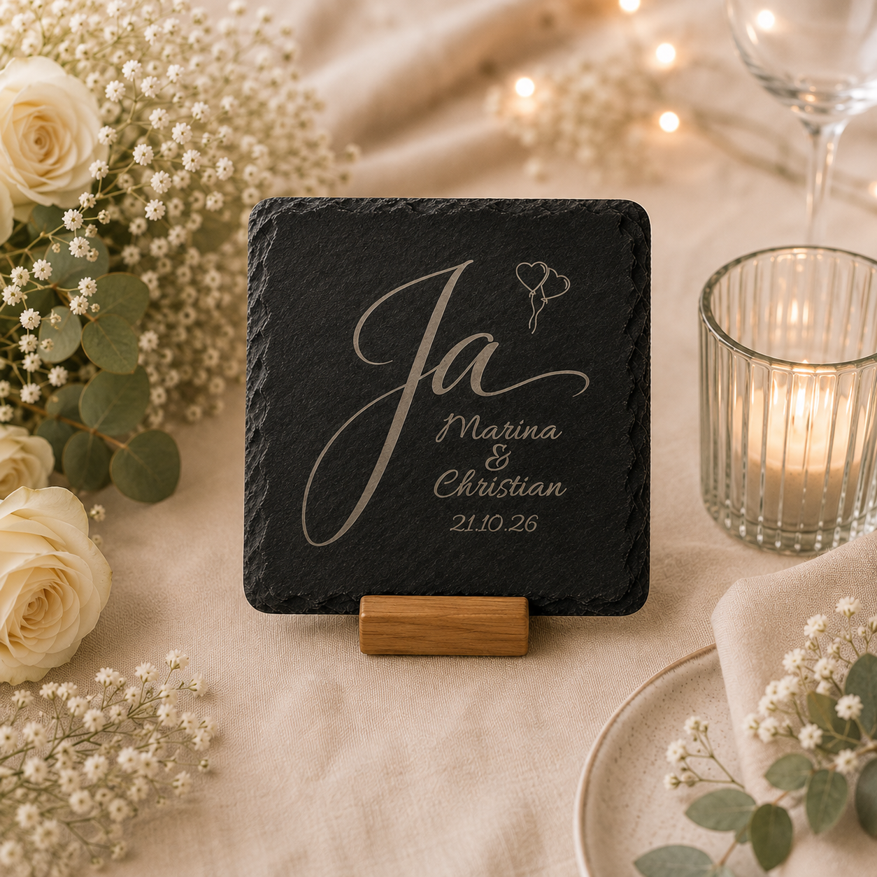 Ja! | Hochzeit | Personalisierter Schiefer-Untersetzer mit Namen & Datum  | Gastgeschenk für Hochzeiten