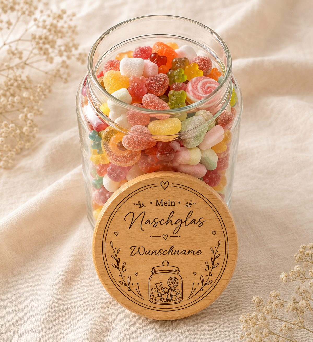 Mein Naschglas | Lieblings-Vorratsglas mit Holzdeckel und deiner Wunschgravur