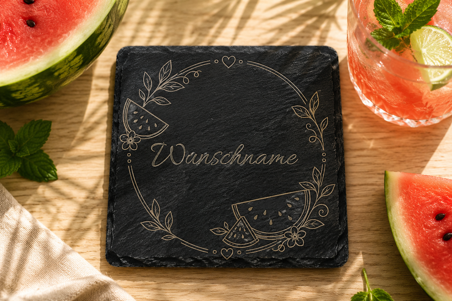 Platzkarte Melone | Sommerliebe | Lieblings-Untersetzer aus Schiefer mit Wunschname