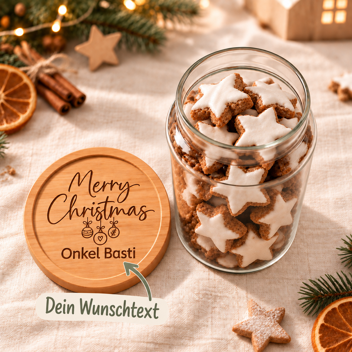 Geschenkglas 'Merry Christmas' mit Wunschtext | Lieblings-Vorratsglas mit Holzdeckel
