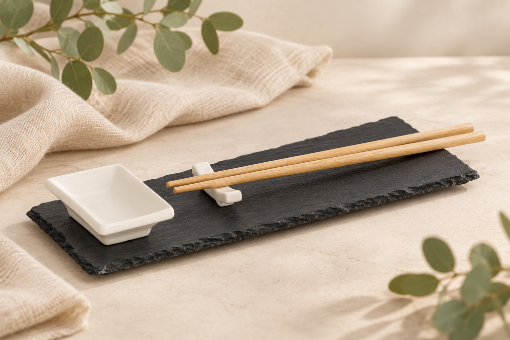 Personalisierbares Sushi-Set | 4-tlg. aus Schiefer/Keramik/Bambus| Das perfekte Geschenk für Sushiliebhaber