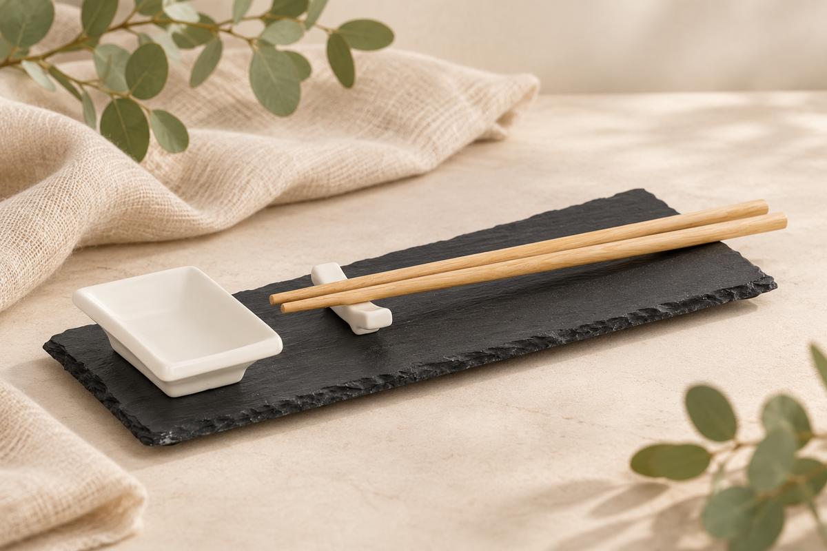 Personalisierbares Sushi-Set | 4-tlg. aus Schiefer/Keramik/Bambus| Das perfekte Geschenk für Sushiliebhaber
