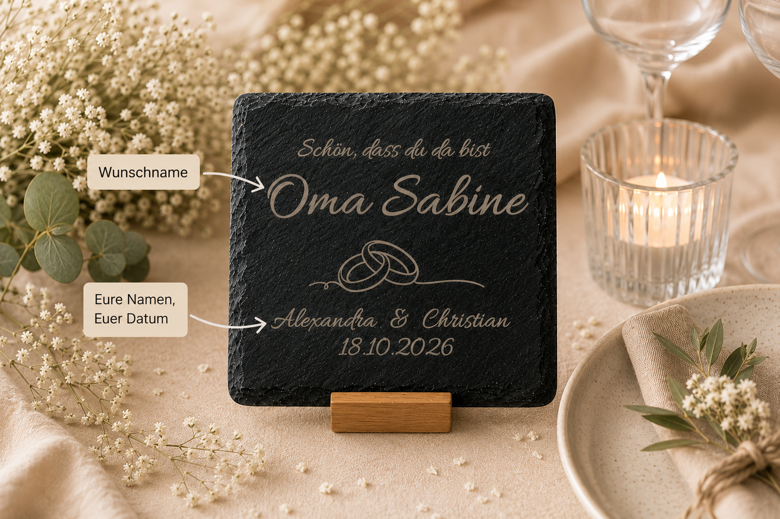 Platzkarte Ring | Hochzeit | Personalisierter Schiefer-Untersetzer mit Namen & Datum  | Gastgeschenk & Platzkarte in einem