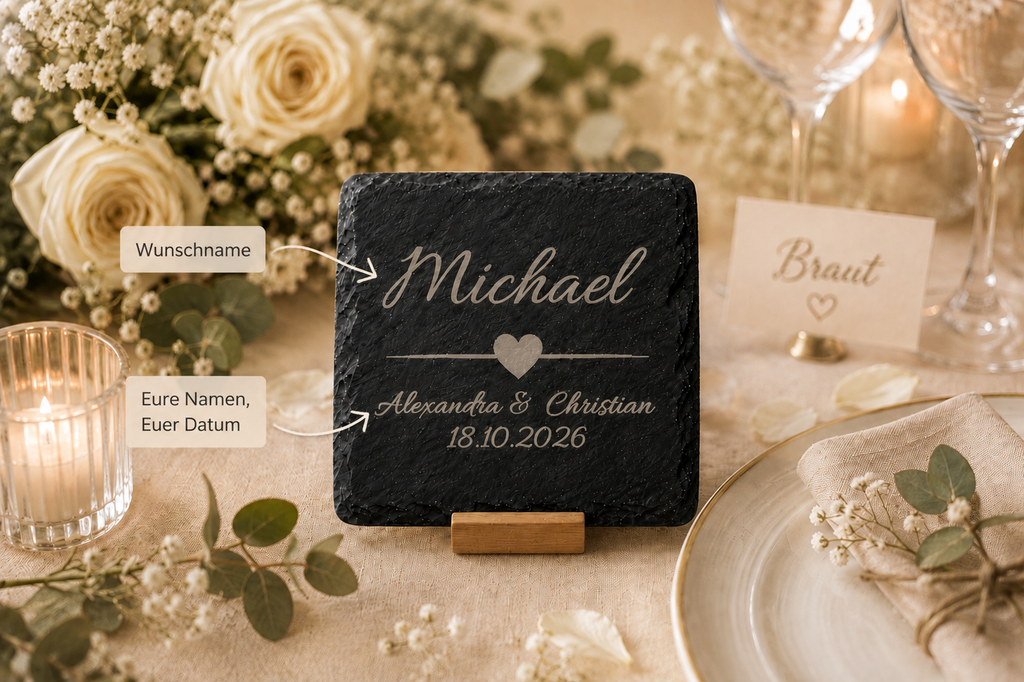 Platzkarte Herz | Hochzeit | Personalisierter Schiefer-Untersetzer mit Namen & Datum  | Gastgeschenk & Platzkarte in einem