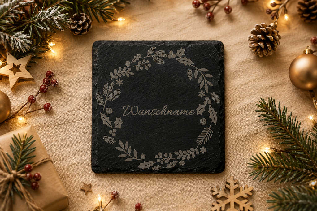 Platzkarte Weihnachtskranz | Weihnachten| Lieblings-Untersetzer aus Schiefer mit Wunschname