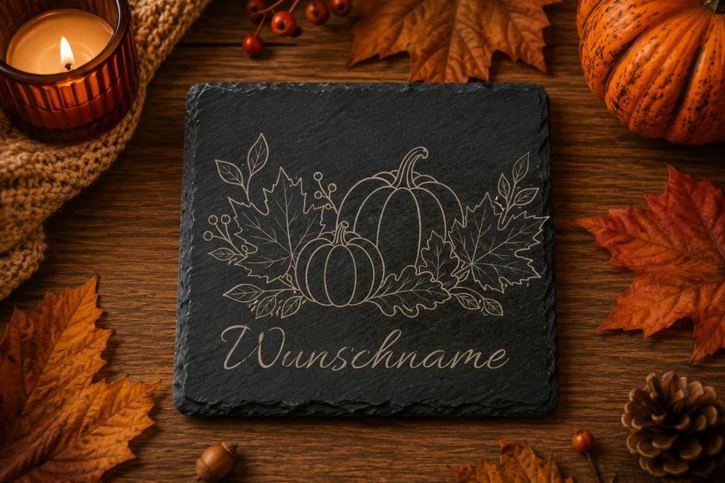 Platzkarte Pumpkin Love | Herbstliebe | Lieblings-Untersetzer aus Schiefer mit Wunschname