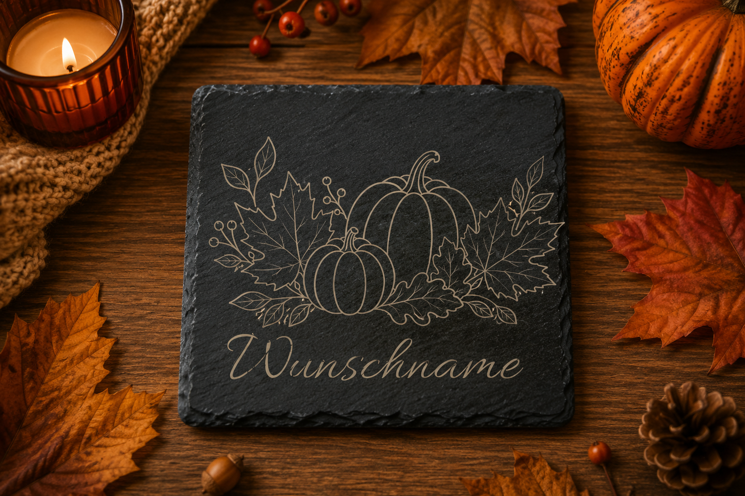 Platzkarte Pumpkin Love | Herbstliebe | Lieblings-Untersetzer aus Schiefer mit Wunschname