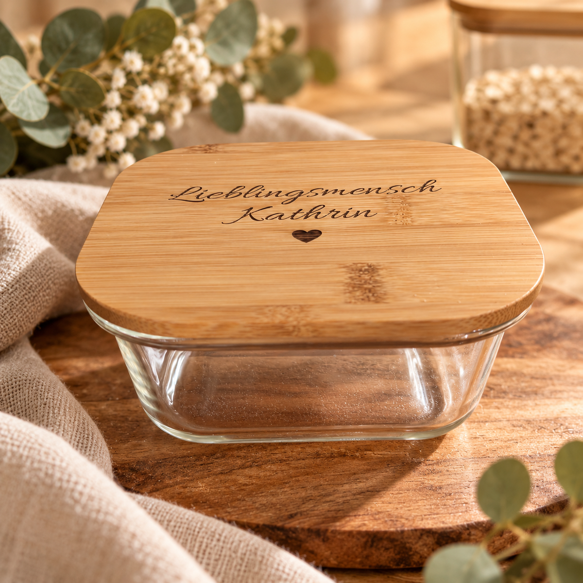 Personalisierte Vorrats- & Meal-Prep-Box aus Glas mit Bambusdeckel | Auslaufsicher
