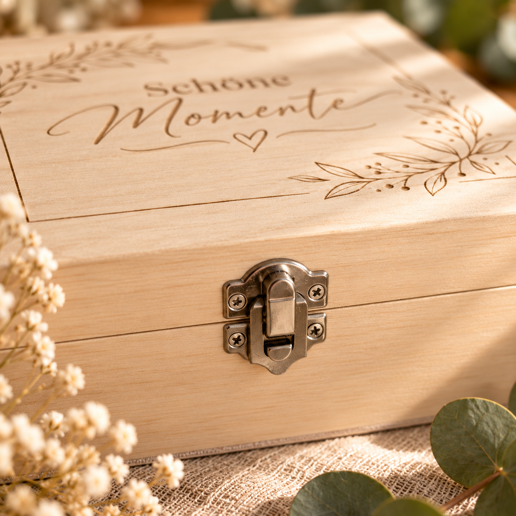 Aufbewahrungsbox 'Schöne Momente' aus Paulowina-Holz | Geschenkbox 20x20x9,5 cm