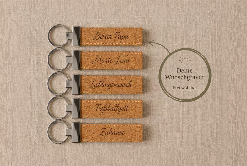 Schlüsselanhänger mit Wunschgravur aus Kork und Edelstahl