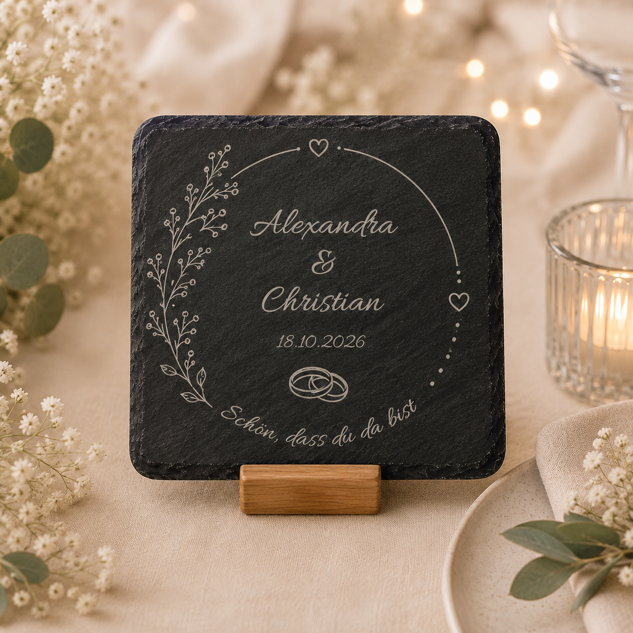 Schön, dass du da bist! mit Ringen | Hochzeit | Personalisierter Schiefer-Untersetzer mit Namen & Datum  | Gastgeschenk für Hochzeiten