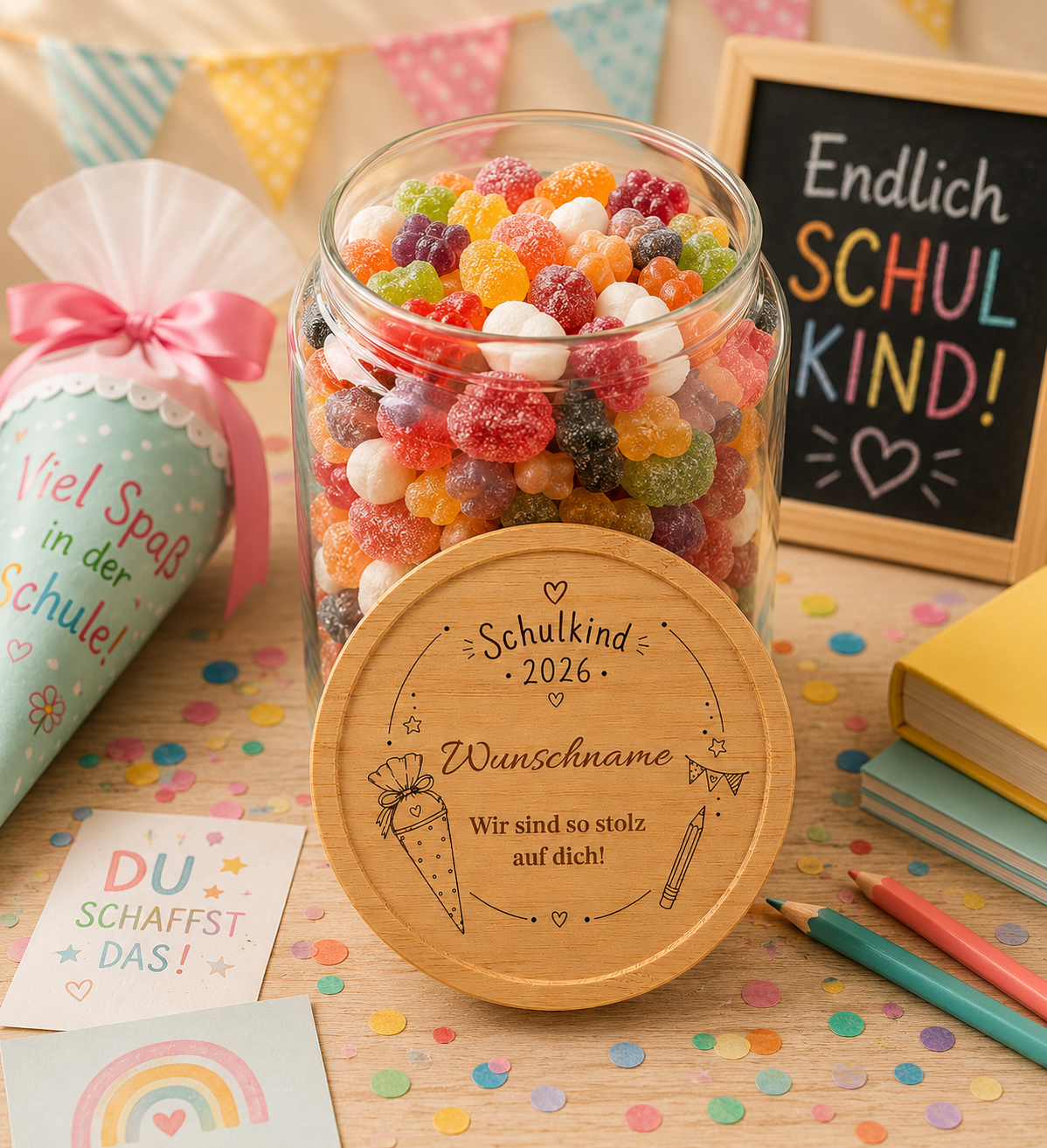 Schulkind 2026| Lieblings-Vorratsglas mit Holzdeckel und deiner Wunschgravur