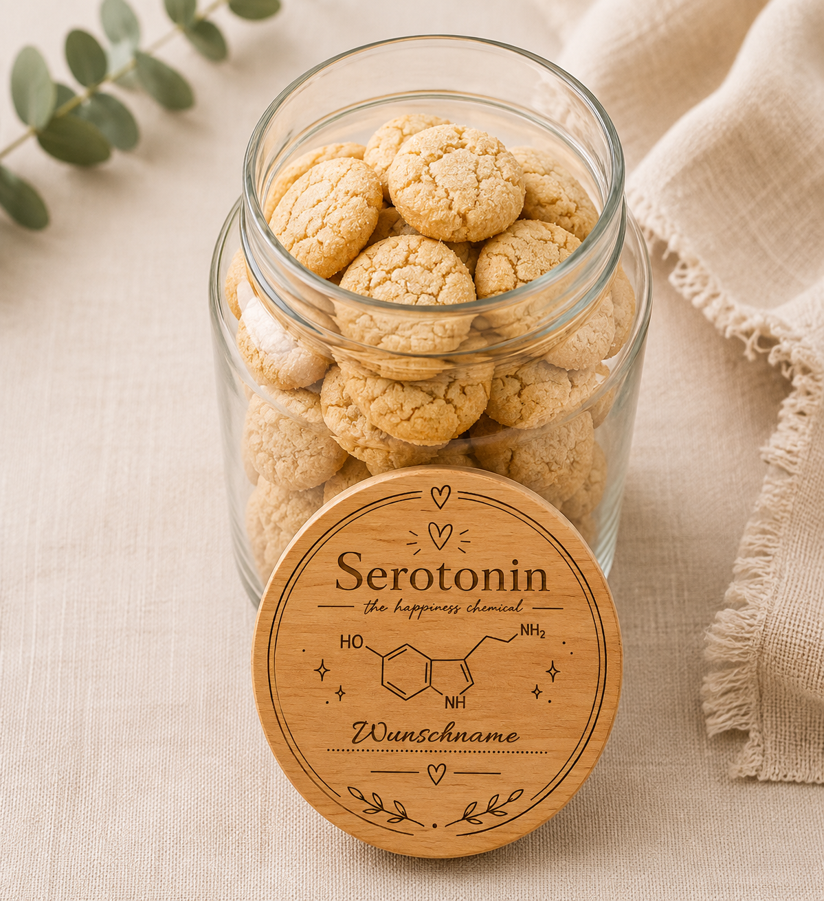 Glückshormon Serotonin | Lieblings-Vorratsglas mit Holzdeckel und deiner Wunschgravur