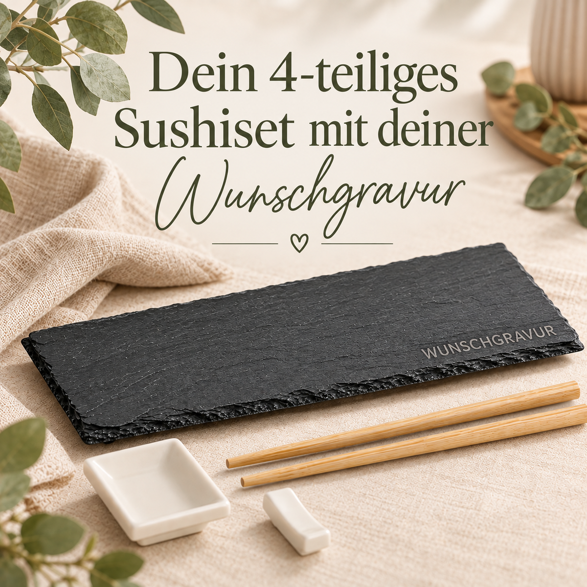 Personalisierbares Sushi-Set | 4-tlg. aus Schiefer/Keramik/Bambus| Das perfekte Geschenk für Sushiliebhaber