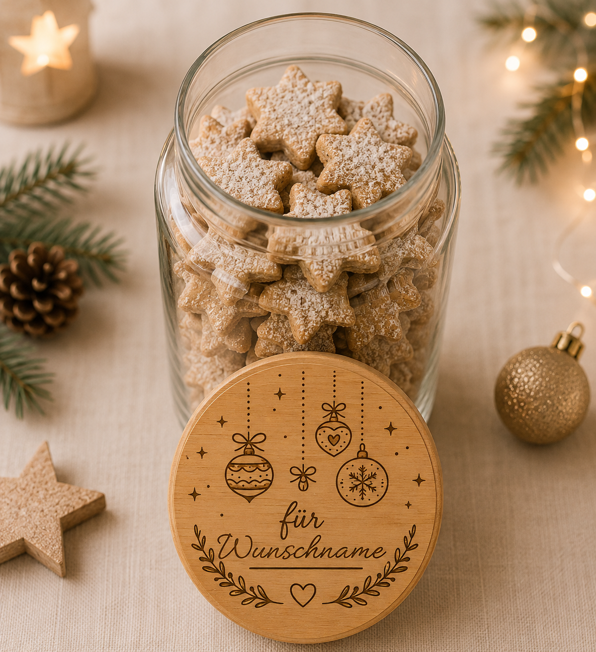 Weihnachtskugeln | Lieblings-Vorratsglas mit Holzdeckel und deiner Wunschgravur