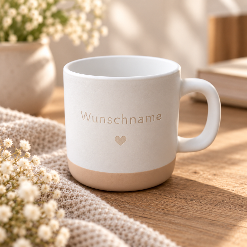 Personalisierte Keramiktasse mit Wunschnamen und Herz – 340ml, Weiß/Beige
