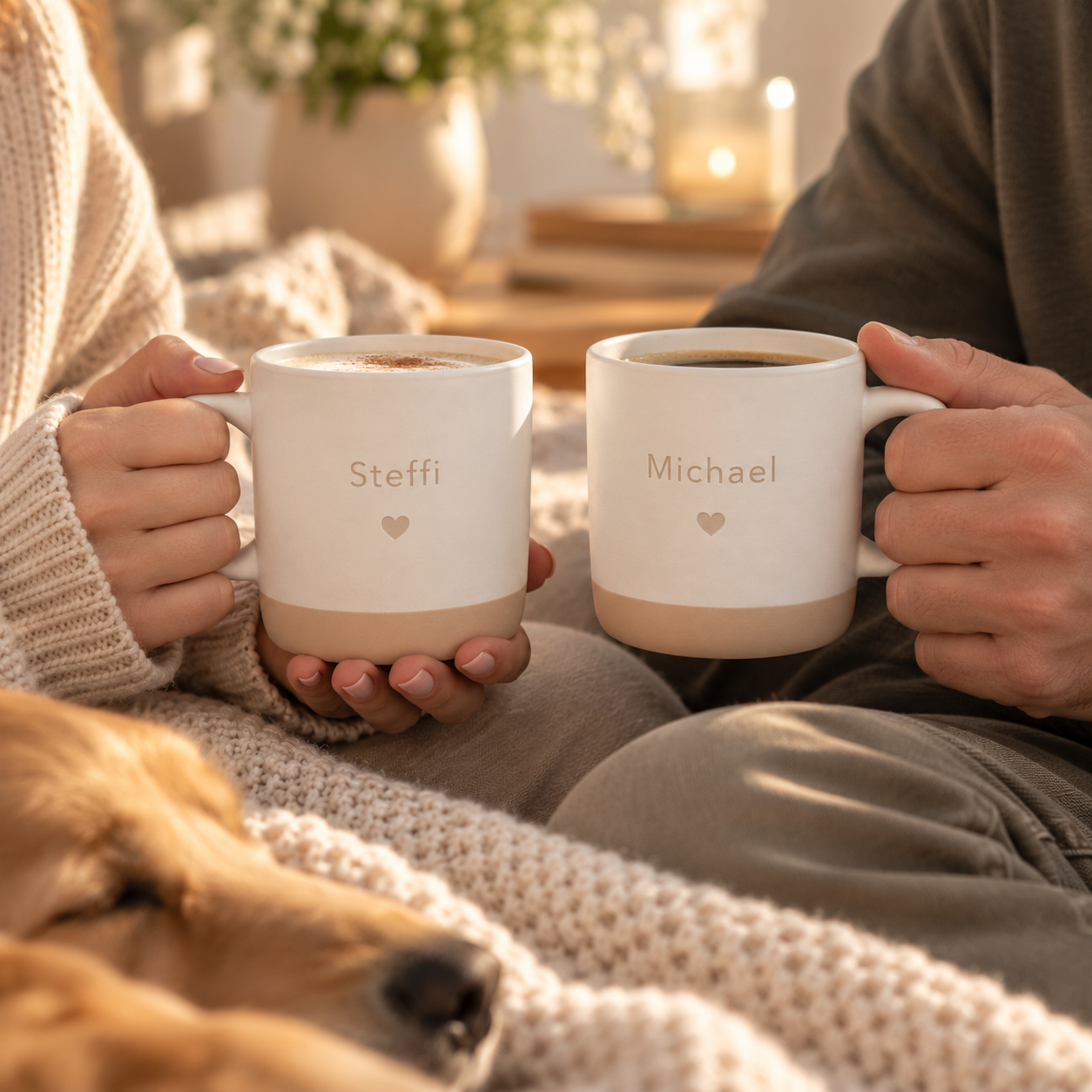 Personalisierte Keramiktasse mit Wunschnamen und Herz – 340ml, Weiß/Beige